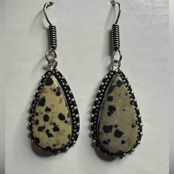 Silver Dangle Dalmatian Jasper Teardrop Earrings - Picture 6 of 7